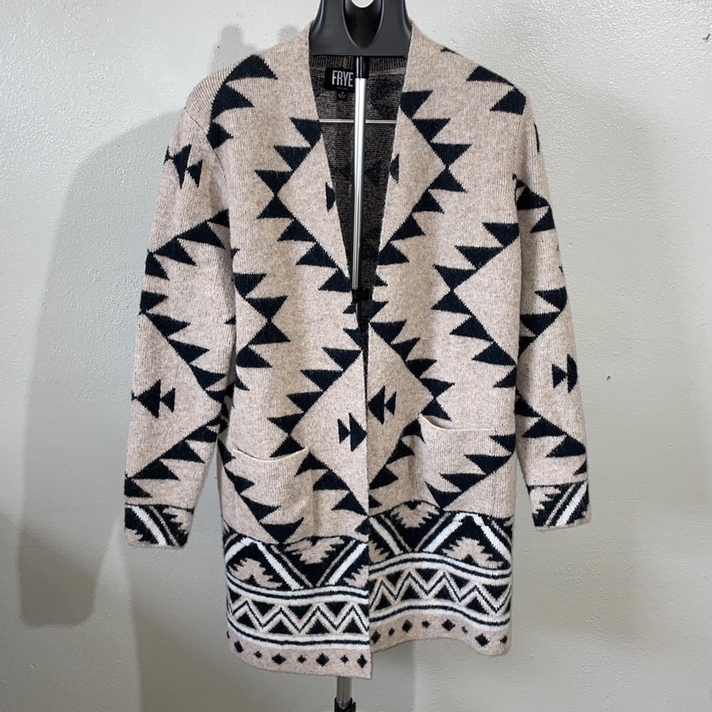 Frye Aztec Open Cardigan Sweater Medium Tan Black Western Southwest Layering